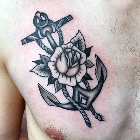 Tattoo Anchor with a Rose on Male Chest