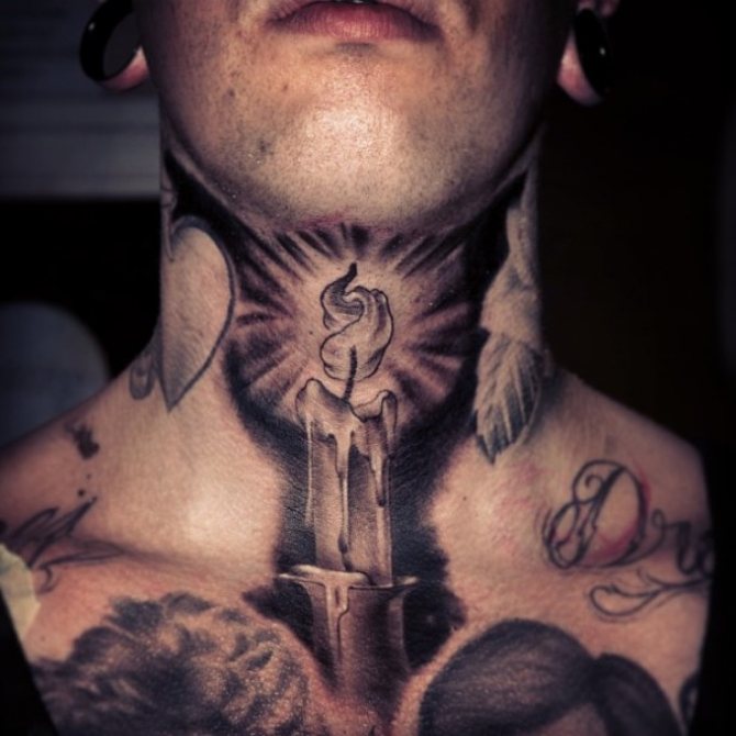 Serpent tattoo on a man's neck.