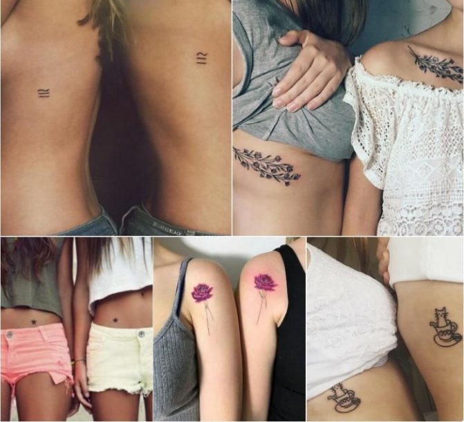 Tattoos on two arms for girls, male on the gap, inscriptions. Photo