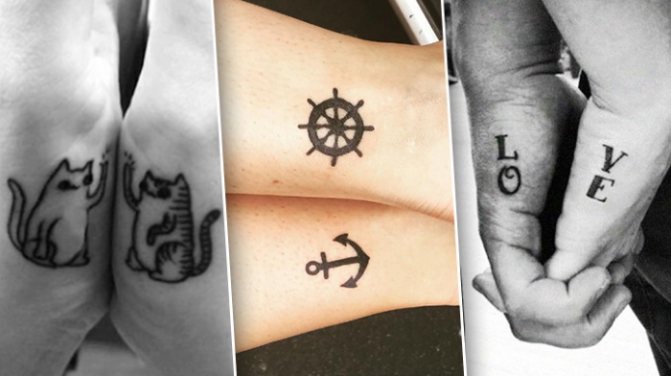 Tattoos on two hands for girls, men's on the gap, inscriptions. Photo