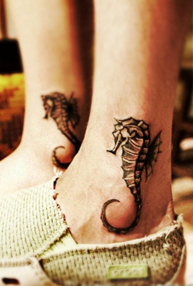 Ankle tattoos in the shape of seahorses
