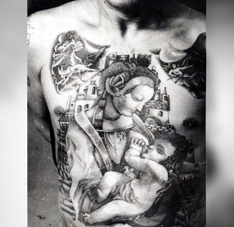 Prison tattoo of the Virgin Mary with baby