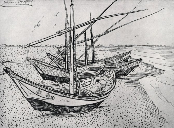 Van Gogh. Barques ashore, ships, river