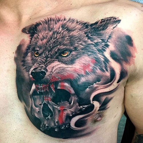 Wolf with open mouth tattoo. Meaning of the drawing, photo
