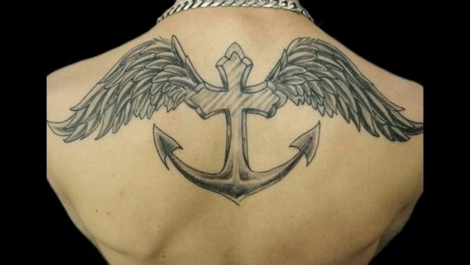 Anchor with wings on the back tattoo