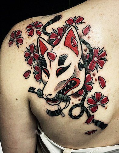 Japanese mask of a fox Kitsune tattoo. Meaning, sketch, photo