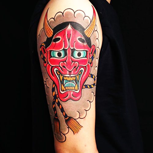 Japanese demon masks tattoos. Meaning, designs, photos