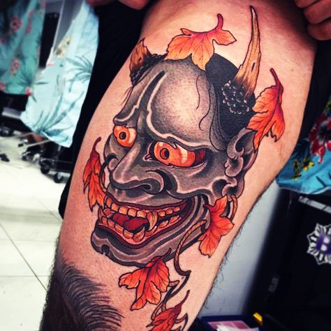 Japanese demon masks tattoo. Meaning, sketches, photos