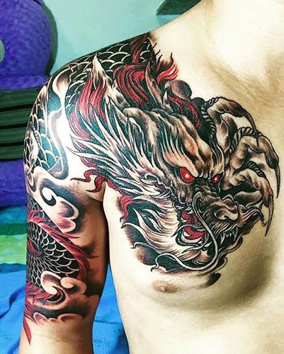Japanese dragon. Sketches tattoo simple in color, photo, meaning