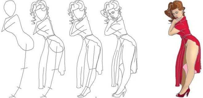 Woman with clothes on her side: step-by-step drawing.