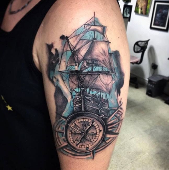 tattoo compass with a ship