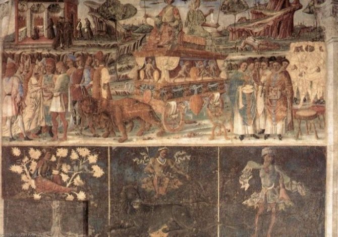 Sign of the zodiac Leo. F. del Cossa fresco in Palazzo Sciphanoia, Ferrara, 15th century.