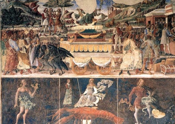 Sign of the zodiac Cancer. F. del Cossa fresco at the palazzo Sciphanoia, Ferrara, 15th century.